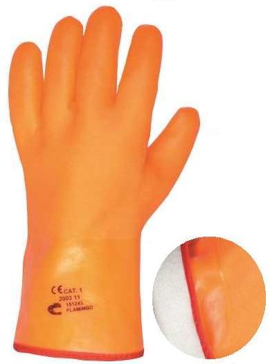 Gloves covered in PVC with a polyurethane layer, with a warm flannel lining