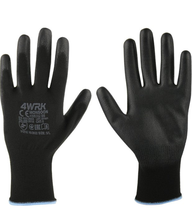 Gloves with protection against mechanical impact, coated with PU