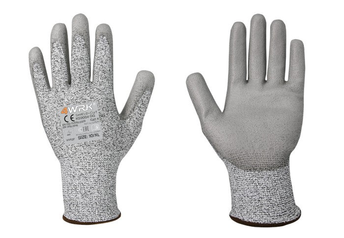 Gloves with protection against mechanical impact, coated with PU